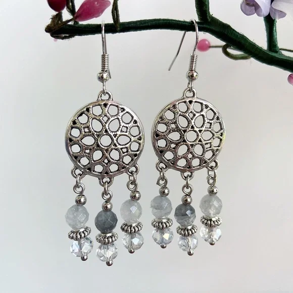 Smokey quartz beads dream catcher boho earrings - Picture 2 of 7